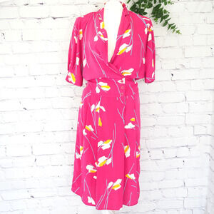 Maggy Boutique Vintage Pink Floral‎ Silky Midi Shirtdress Size Small